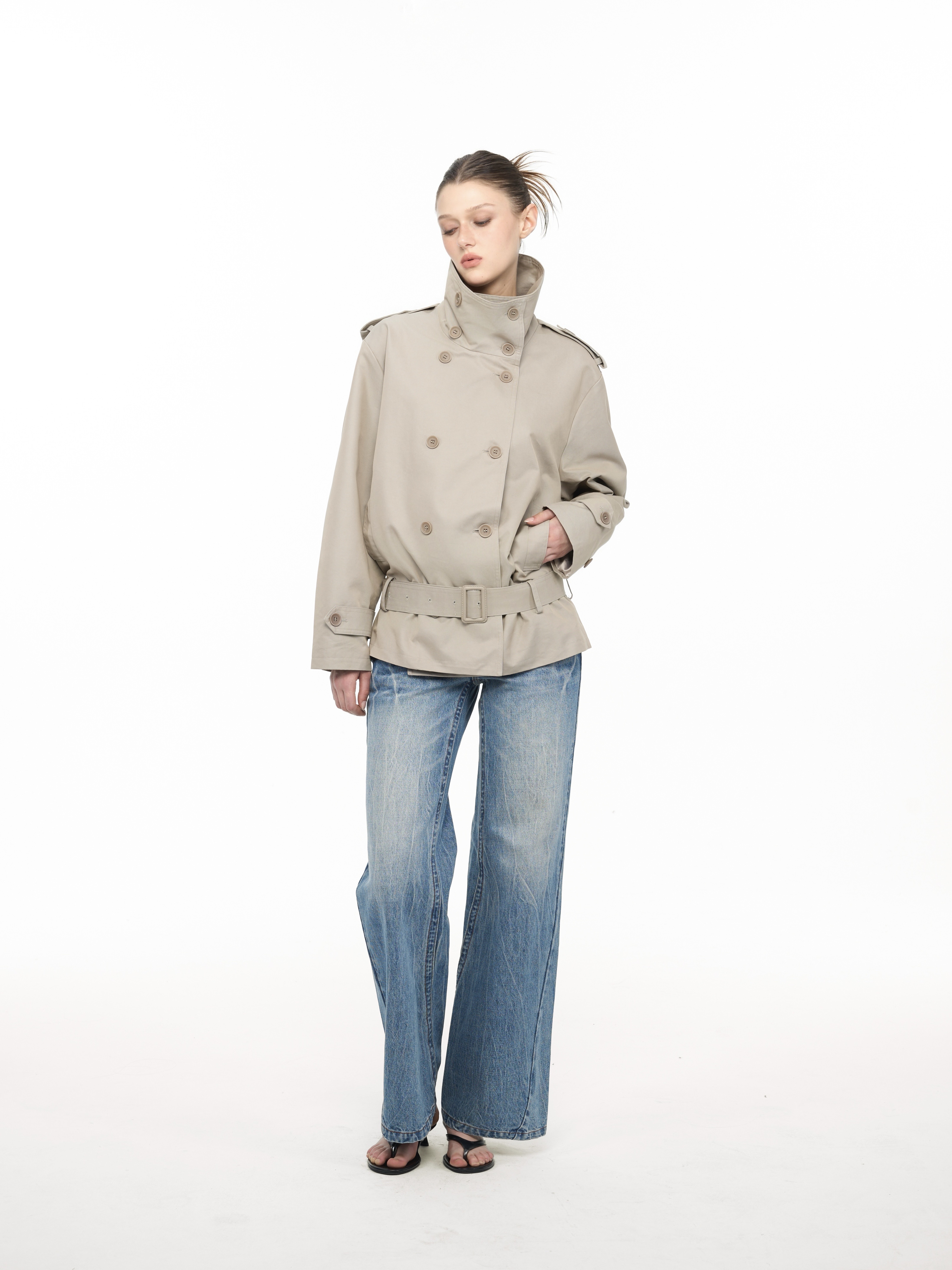 Women's Short Trench Coat, Oversized Double-Breasted Jacket with Mandarin Collar in Cool Colors